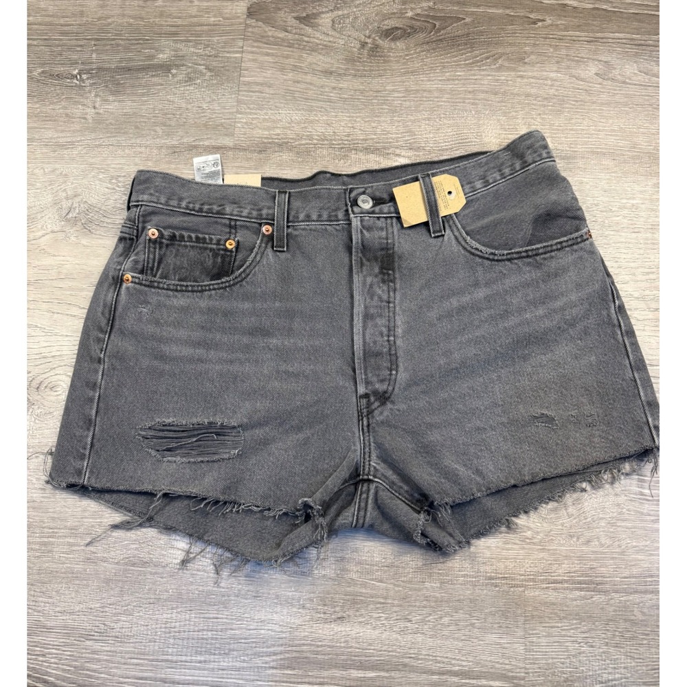Levis 501 Original Cut Off Denim Shorts Faded Black Distressed Button Fly 33